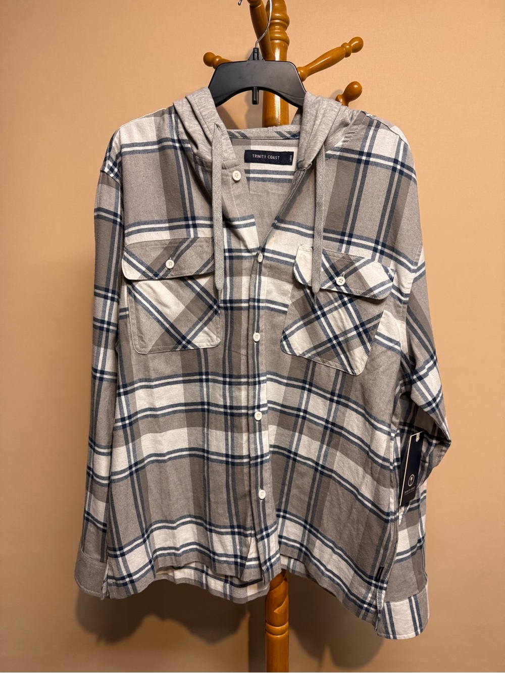 Trinity Coast Men's Gray Plaid Flannel Hooded Button-Down Shirt New with Tags